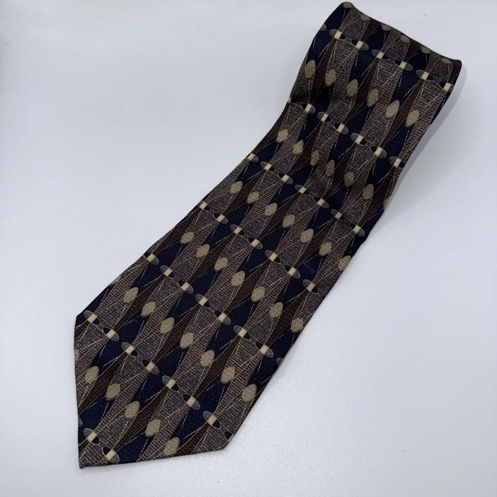 BACHRACH Necktie Men's Neutral Gray Brown Circles Pattern‎ Business Formal Silk